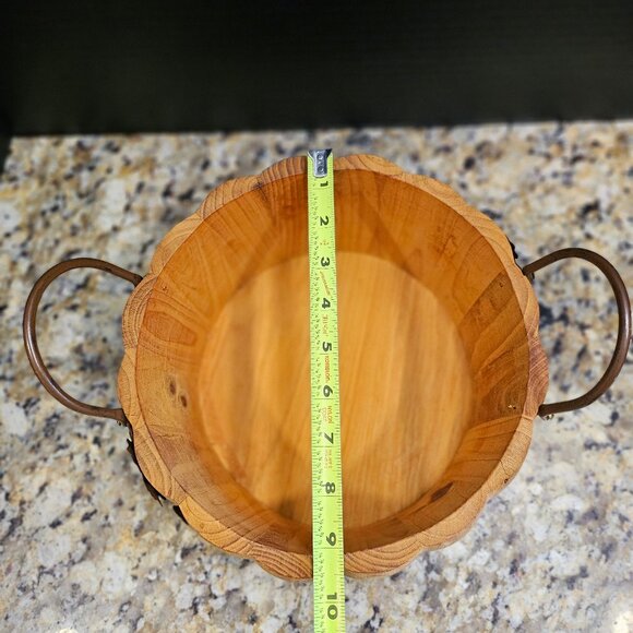 Pier One Rustic Hand Carved Pumpkin Bowl With Metal Handles and Leaf Accent - Picture 6 of 10